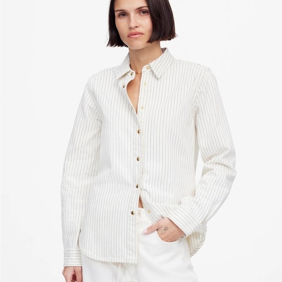 Madewell Denim Classic Button-Up Shirt in Pinstripe Grey Railroad Stripe - Picture 1 of 7